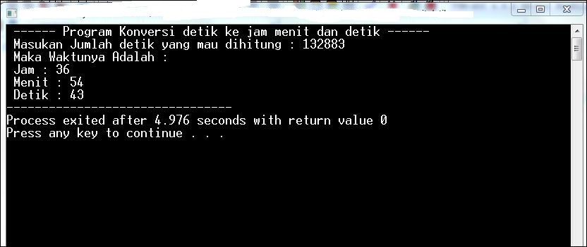 Source Code Konversi Waktu dari Detik ke Jam Menit Detik  dengan Dev C++