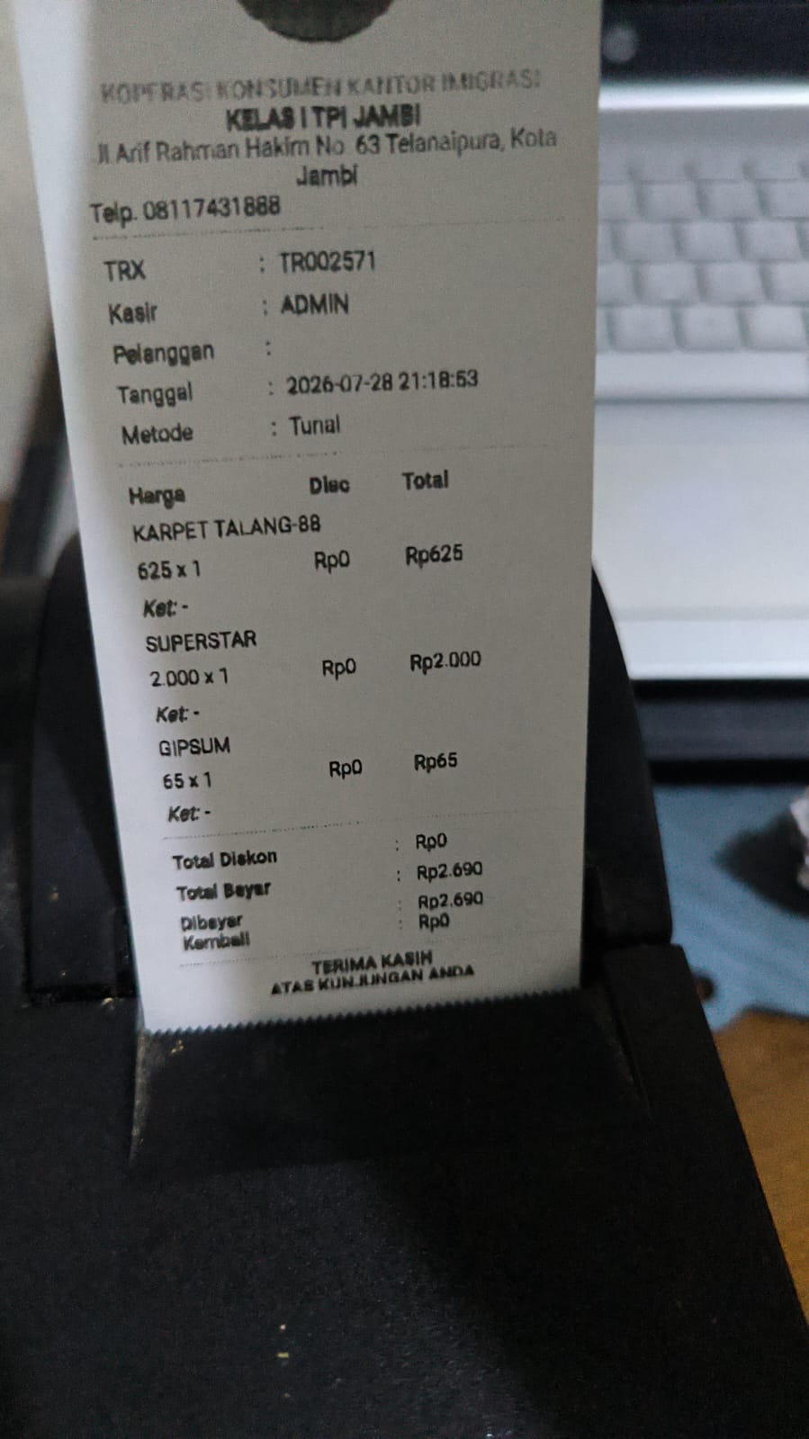 Hasil cetak struk POS Kasir